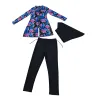 A long-sleeved top with colorful floral patterns, black pants and a black shawl, an elegant, fashionable and casual suit Item Picture